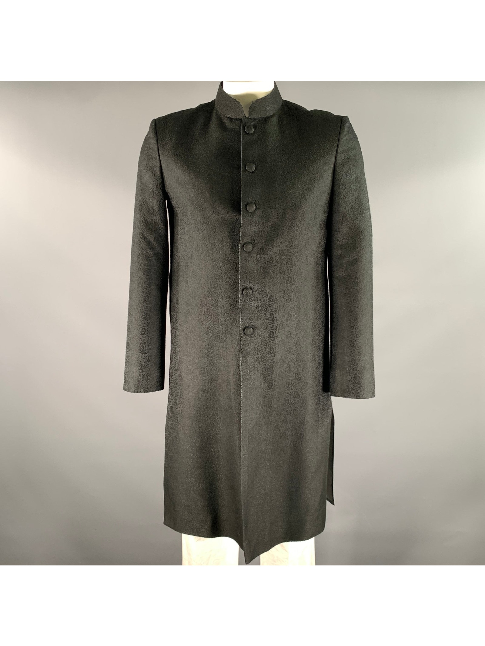 Custom Made Size 42 Black Paisely Jacquard Nehru Collar Coat